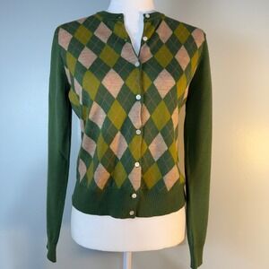 J Crew Women's Merino Wool Argyle Cardigan Sweater Green Pink M
